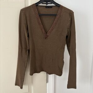 Zara Brown Long Sleeve V-Neck Top